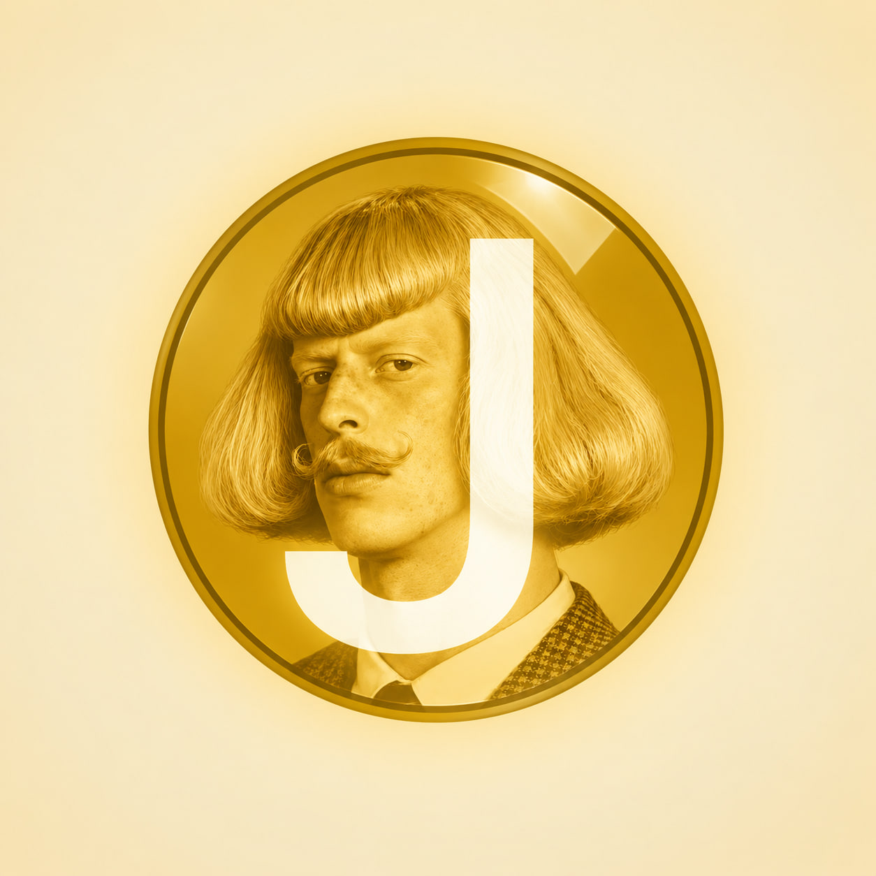 Jean, a gold coin portrait with a white J